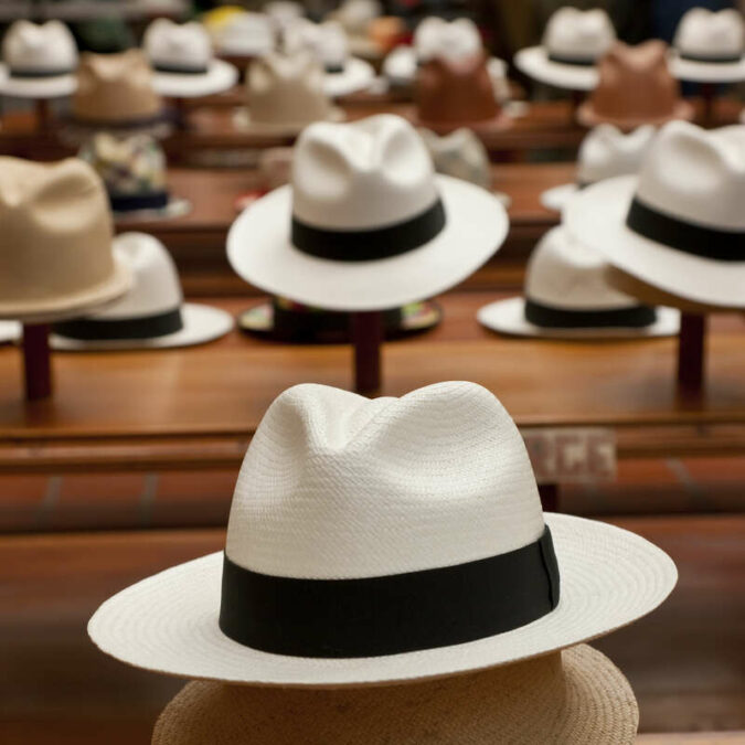 Rows of Panama hats on display in a shop.